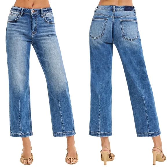 RISEN Barrel Jeans High-rise Boyfriend Vertical Seam Cropped Denim Distressed - Picture 16 of 16